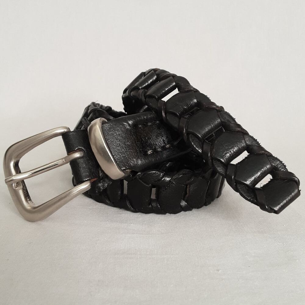 💎Donna Katz Genuine Leather India Belt Medium Waist Black Woven Tab Pattern